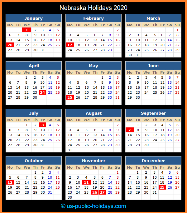 Nebraska Holiday Calendar 2020